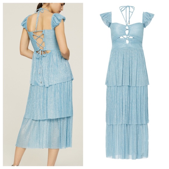 Sabina Musayev Amadea Midi Pleated Cut-Out Halter Dress Blue Metallic - MEDIUM - Picture 1 of 10